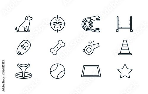 Collection of dog training icons including agility equipment and accessories