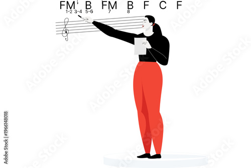 illustration of a woman conducting music, with a minimalist aesthetic and flat design - stylized illustration vector web music