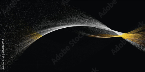 Abstract bright white and gold particle streams flowing and curving on a dark background, representing energy and motion, abstract shape, abstract art, energy flow, particle effect, abstract design