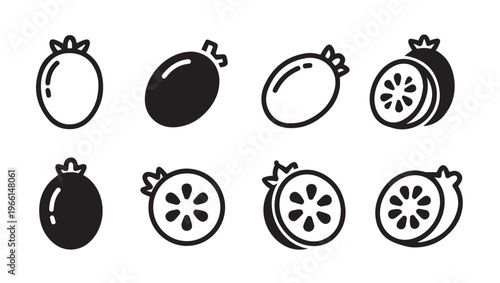 Feijoa Fruit Icons Set Whole and Halved Outline and Solid Fill