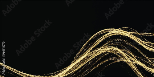 Golden shimmering light streaks against a black background, abstract flowing energy wave, festive and luxurious, light effect, dark background