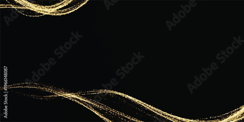 Golden sparkling light trails on a black backdrop, abstract waves of light and glitter, festive and celebratory, abstract background, light effect, dark background