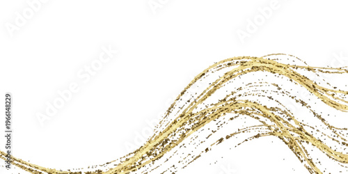 Abstract golden wavy lines with glitter particles on white background, elegant festive background design, gold glitter
