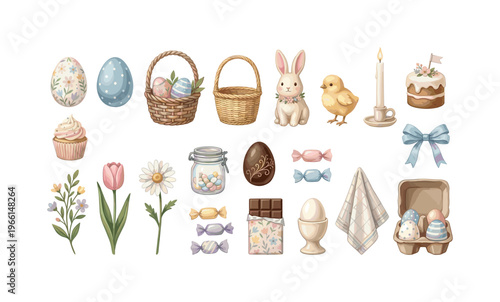 Charming Easter elements collection with decorated eggs, bunny, chick, and spring flowers