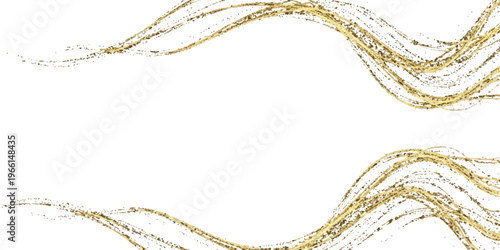 Two elegant golden glitter wavy borders with sparkles on white background, luxury festive design, celebration concept, abstract background