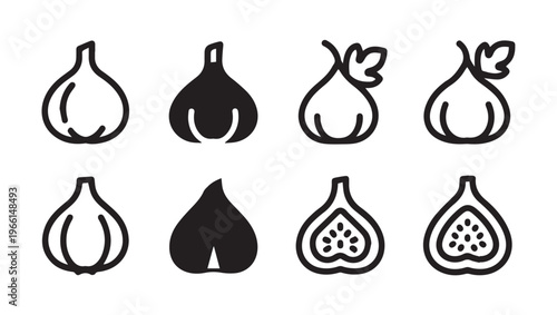 Garlic Icons Set: Whole Halved and With LeavesVector Graphics