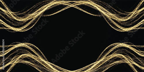 Symmetrical golden glitter waves framing dark space, abstract festive luxury background, celebration and elegance, design element