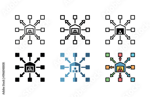 Warehouse distribution network icons showing inbound and outbound logistics flow