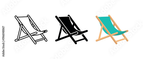 Collection of deck chair icons in outline, solid black, and colored styles