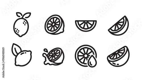 Lemon Citrus Fruit Icons Set Slice Whole Squeezing Juice Drop