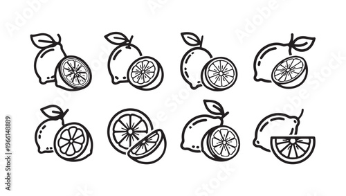 Lemon Icons Set: Whole and Sliced Fruits with Leaves Simple Line Art Style