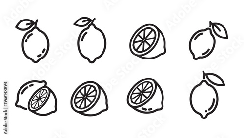 Lemon Icons and Slices with Leaves on White Background Simple Line Art