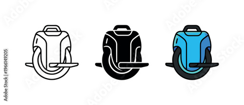 Set of electric unicycle icons in outline, solid black, and blue color variations