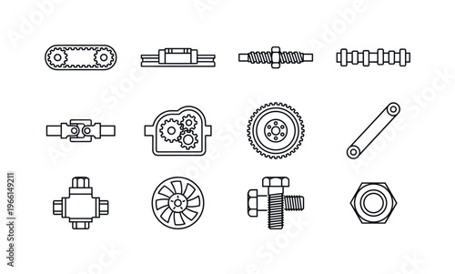 Collection of mechanical engineering components and parts in outline style