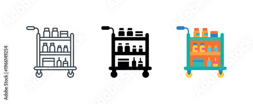 Medical cart trolley with bottles and boxes on shelves, vector icon set