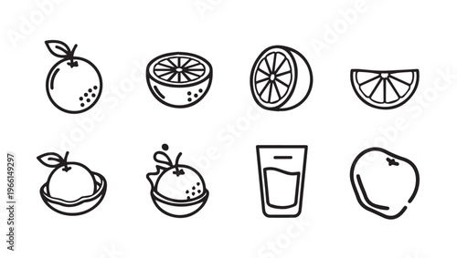Orange Citrus Fruit Icons Set: Whole Halved Sliced and Juice Glass Vector Graphics