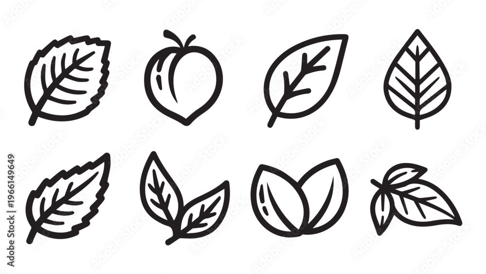 Fototapeta premium Outline Icons: Assorted Leaves and Fruit Minimalist Vector Collection