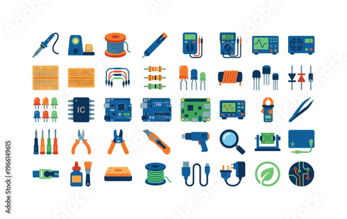 Collection of electronic components and tools for DIY projects and workshops