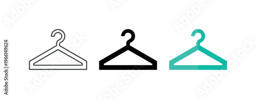 Three minimalist clothing hangers in outline, solid black, and teal colors