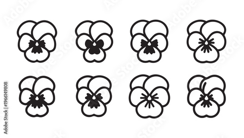 Pansy Flower Icons Set Simple Line Art Isolated on White Background Graphic Elements