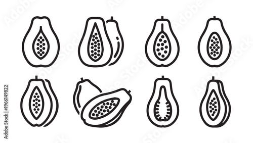 Papaya Fruit Icon Set Halved and Whole Minimalist Line Art Design