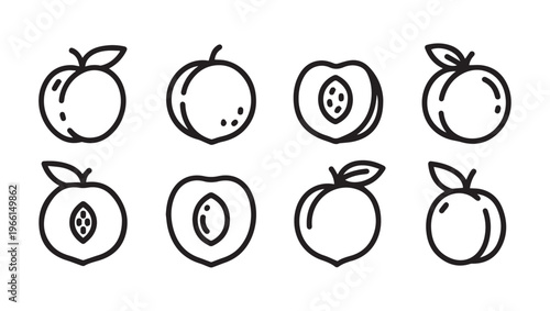 Peach Fruit Icons Set Vector Outline Simple Line Art Collection