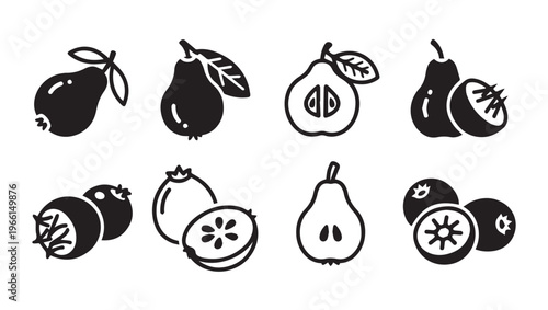 Pear and Blueberry Icons: Whole and Halved Fruit Illustrations Simple Line Art