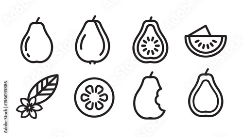 Pear and Fruit Icons: Whole Sliced Bitten and BlossomLine Art