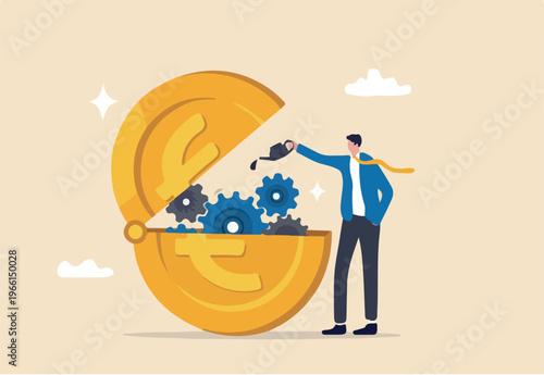Euro monetary policy, central bank or government to manage EU or European financial or economic, inflation and interest rate policy concept, businessman put oil lubricate into open Euro money.