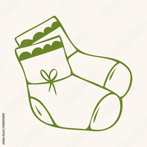 Pair of cute baby booties with scallop trim and bows, green outline doodle flat retro style. Cozy hand drawn vector illustration of infant footwear, baby shower. Isolated on beige background.