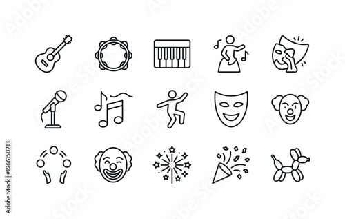 Collection of line art icons representing various entertainment and performance arts