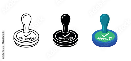 Set of three approved stamp icons in different styles: outline, solid, and isometric