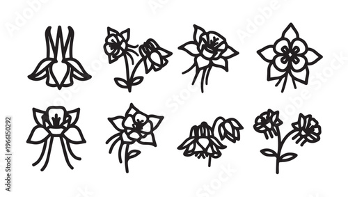 Set of Black Outline Columbine Flowers Isolated on White Background Minimalist Botanical Illustrations