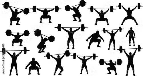 Black silhouettes of men lifting weights in various positions and exercises with barbells and dumbbells on white background