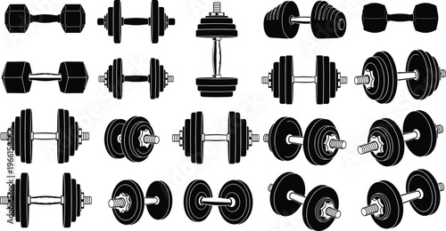 Collection of dumbbells and barbells for fitness and exercise with different designs and weights  various gym equipment for strength training and workout