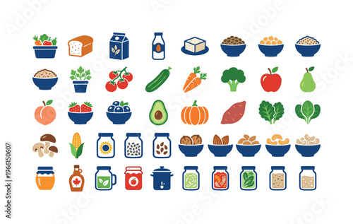 Collection of healthy food icons representing fruits, vegetables, grains, and dairy alternatives