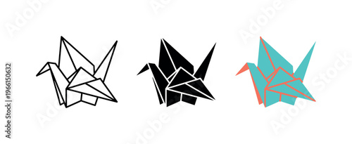 Three origami crane icons in different styles: outline, solid black, and colored