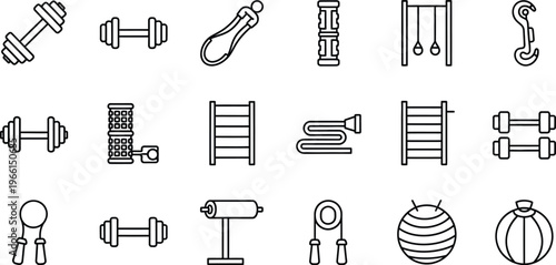 Collection of various gym and fitness equipment icons including dumbbells kettlebells medicine balls and exercise machines for workout and training  fitness icons