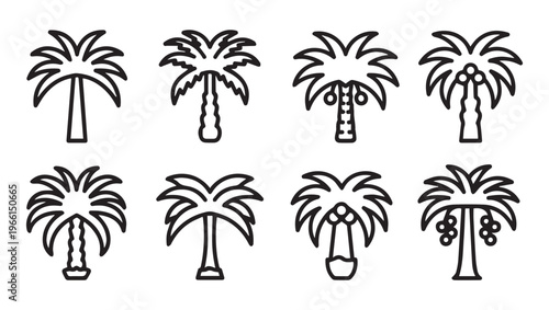 Set of Eight Palm Tree Icons with Coconuts Simple Line Art Isolated on White Background