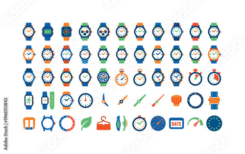 Collection of flat design watch icons and timekeeping elements