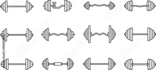 Line drawing of various barbells and dumbbells for fitness and exercise  various types of weight training equipment