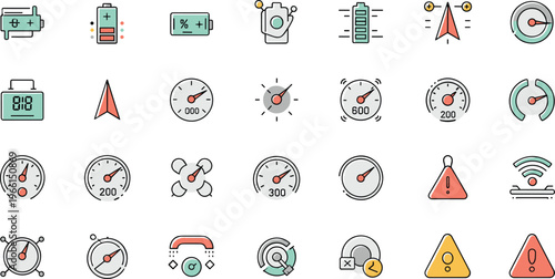 Speedometer and Performance Meter Icon Set with Dashboard Gauges, Indicators, Warning Signs, Battery Status, and Measurement Controls for Automotive and Technology Design