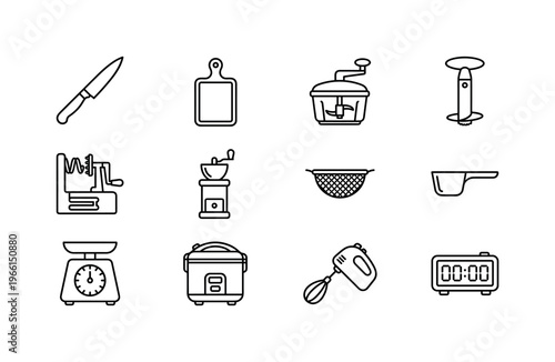 Collection of kitchen utensil icons for cooking and food preparation