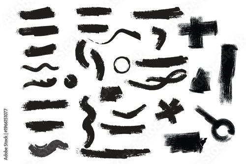 Abstract black brush strokes collection diverse ink textures and shapes on a white background