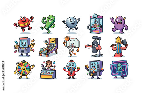 Collection of cheerful cartoon arcade and carnival game characters
