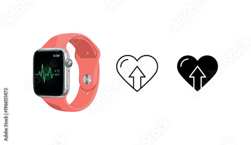 Smartwatch displays heart rate data alongside heart icon with upward arrow