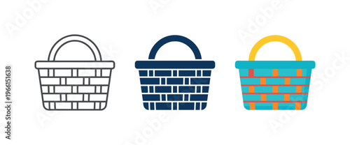 Collection of three woven basket icons in different styles and colors
