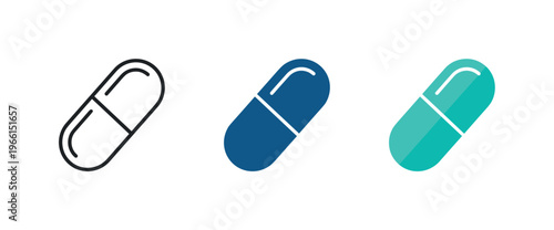 Set of three capsule icons in outline, solid blue, and teal colors