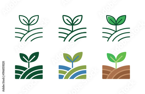 Set of icons depicting plant growth and cultivation on fertile land
