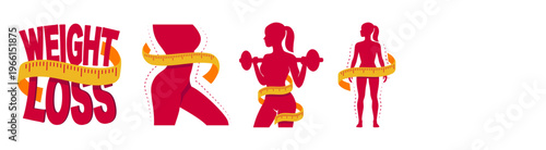 Weight Loss Challenge Logo Set with Female Silhouettes and Lettering, Body Transformation Icons